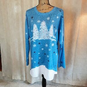 Winter Scene Trees Long Blue Tunic Long Sleeve Sz L